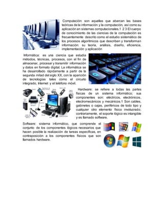 Computación: son aquellas que abarcan las bases
teóricas de la información y la computación, así como su
aplicación en sistemas computacionales.1 2 3 El cuerpo
de conocimiento de las ciencias de la computación es
frecuentemente descrito como el estudio sistemático de
los procesos algorítmicos que describen y transforman
información: su teoría, análisis, diseño, eficiencia,
implementación y aplicación
Informática: es una ciencia que estudia
métodos, técnicas, procesos, con el fin de
almacenar, procesar y transmitir información
y datos en formato digital. La informática se
ha desarrollado rápidamente a partir de la
segunda mitad del siglo XX, con la aparición
de tecnologías tales como el circuito
integrado, Internet y el teléfono móvil.
Hardware: se refiere a todas las partes
físicas de un sistema informático; sus
componentes son: eléctricos, electrónicos,
electromecánicos y mecánicos.1 Son cables,
gabinetes o cajas, periféricos de todo tipo y
cualquier otro elemento físico involucrado;
contrariamente, el soporte lógico es intangible
y es llamado software.
Software: sistema informático, que comprende el
conjunto de los componentes lógicos necesarios que
hacen posible la realización de tareas específicas, en
contraposición a los componentes físicos que son
llamados hardware.
 