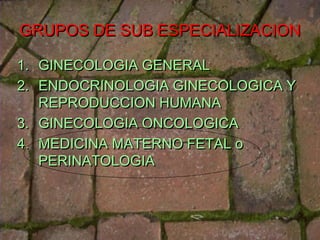 GRUPOS DE SUB ESPECIALIZACION

1. GINECOLOGIA GENERAL
2. ENDOCRINOLOGIA GINECOLOGICA Y
   REPRODUCCION HUMANA
3. GINECOLOGIA ONCOLOGICA
4. MEDICINA MATERNO FETAL o
   PERINATOLOGIA
 