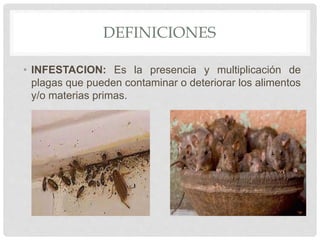 DEFINICIONES
• INFESTACION: Es la presencia y multiplicación de
plagas que pueden contaminar o deteriorar los alimentos
y/o materias primas.
 