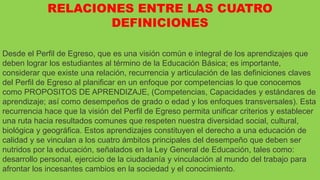 RELACIONES ENTRE LAS CUATRO
DEFINICIONES
Desde el Perfil de Egreso, que es una visión común e integral de los aprendizajes que
deben lograr los estudiantes al término de la Educación Básica; es importante,
considerar que existe una relación, recurrencia y articulación de las definiciones claves
del Perfil de Egreso al planificar en un enfoque por competencias lo que conocemos
como PROPOSITOS DE APRENDIZAJE, (Competencias, Capacidades y estándares de
aprendizaje; así como desempeños de grado o edad y los enfoques transversales). Esta
recurrencia hace que la visión del Perfil de Egreso permita unificar criterios y establecer
una ruta hacia resultados comunes que respeten nuestra diversidad social, cultural,
biológica y geográfica. Estos aprendizajes constituyen el derecho a una educación de
calidad y se vinculan a los cuatro ámbitos principales del desempeño que deben ser
nutridos por la educación, señalados en la Ley General de Educación, tales como:
desarrollo personal, ejercicio de la ciudadanía y vinculación al mundo del trabajo para
afrontar los incesantes cambios en la sociedad y el conocimiento.
 
