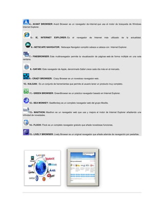 4.- AVANT BROWSER: Avant Browser es un navegador de internet que usa el motor de búsqueda de Windows
Internet Explorer.



       5.-   IE,   INTERNET   EXPLORER: Es      el   navegador   de   Internet   más   utilizado   de   la   actualidad.



       6.- NETSCAPE NAVIGATOR: Netscape Navigator compitió cabeza a cabeza con Internet Explorer.



      7.- FINEBROWSER: Este multinavegador permite la visualización de páginas web de forma múltiple en una sola
ventana.



      8.- SAFARI: Este navegador de Apple, denominado Safari crece cada día más en el mercado.



      9.- CRAZY BROWSER: Crazy Browser es un novedoso navegador web.

10.- KALGAN: Es un conjunto de herramientas que permite al usuario tener un producto muy completo.



      11.- GREEN BROWSER: GreenBrowser es un práctico navegador basado en Internet Explorer.



      12.- SEA MONKEY: SeaMonkey es un completo navegador web del grupo Mozilla.



        13.- MAXTHON: Maxthon es un navegador web que usa y mejora el motor de Internet Explorer añadiendo una
infinidad de novedades.



      14.- FLOCK: Flock es un completo navegador gratuito que añade novedosas funciones.



      15.- LIVELY BROWSER: Lively Browser es un original navegador que añade además de navegación por pestañas.
 