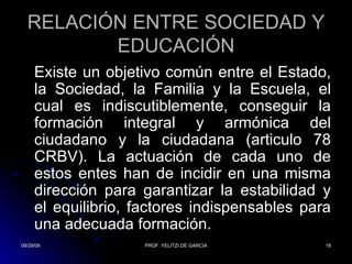 RELACIÓN ENTRE SOCIEDAD Y EDUCACIÓN Existe un objetivo común entre el Estado, la Sociedad, la Familia y la Escuela, el cual es indiscutiblemente, conseguir la formación integral y armónica del ciudadano y la ciudadana (articulo 78 CRBV). La actuación de cada uno de estos entes han de incidir en una misma dirección para garantizar la estabilidad y el equilibrio, factores indispensables para una adecuada formación.  