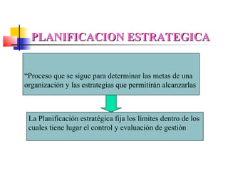 PLANIFICACION ESTRATEGICA


“Proceso que se sigue para determinar las metas de una
organización y las estrategias que permitirán alcanzarlas



 La Planificación estratégica fija los límites dentro de los
 cuales tiene lugar el control y evaluación de gestión
 