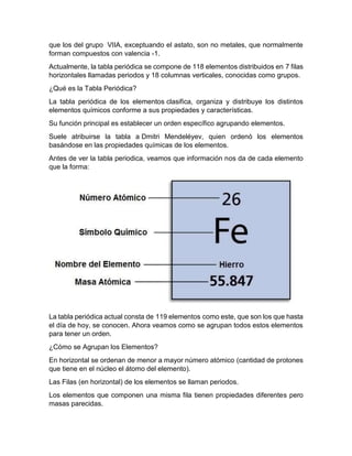 que los del grupo VIIA, exceptuando el astato, son no metales, que normalmente
forman compuestos con valencia -1.
Actualmente, la tabla periódica se compone de 118 elementos distribuidos en 7 filas
horizontales llamadas periodos y 18 columnas verticales, conocidas como grupos.
¿Qué es la Tabla Periódica?
La tabla periódica de los elementos clasifica, organiza y distribuye los distintos
elementos químicos conforme a sus propiedades y características.
Su función principal es establecer un orden específico agrupando elementos.
Suele atribuirse la tabla a Dmitri Mendeléyev, quien ordenó los elementos
basándose en las propiedades químicas de los elementos.
Antes de ver la tabla periodica, veamos que información nos da de cada elemento
que la forma:
La tabla periódica actual consta de 119 elementos como este, que son los que hasta
el día de hoy, se conocen. Ahora veamos como se agrupan todos estos elementos
para tener un orden.
¿Cómo se Agrupan los Elementos?
En horizontal se ordenan de menor a mayor número atómico (cantidad de protones
que tiene en el núcleo el átomo del elemento).
Las Filas (en horizontal) de los elementos se llaman periodos.
Los elementos que componen una misma fila tienen propiedades diferentes pero
masas parecidas.
 