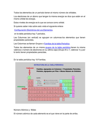Todos los elementos de un período tienen el mismo número de orbitales.
Los electrones de un átomo que tengan la misma energía se dice que están en el
mismo orbital de energía.
Estos niveles de energía es lo que se conoce como orbital.
Si quieres saber más sobre esto visita el siguiente enlace
Configuración Electrónica de Los Elementos.
en la tabla periódica hay 7 periodos.
Las Columnas (en vertical) se agrupan en columnas los elementos que tienen
propiedades parecidas.
Las Columnas se llaman Grupos o Familias de la tabla Periodica.
Todos los elementos de un mismo grupos de la tabla periódica tienen la misma
valencia o número de electrones en su última capa (Grupo IA o 1, valencia 1) y por
lo tanto tienen propiedades parecidas.
En la tabla periódica hay 18 Familias.
Número Atómico y Moles
El número atómico de cada elemento es el que viene en la parte de arriba.
 