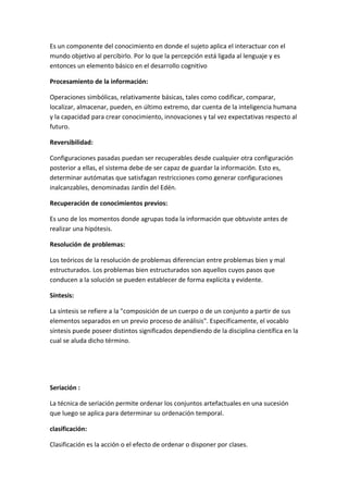 Es un componente del conocimiento en donde el sujeto aplica el interactuar con el
mundo objetivo al percibirlo. Por lo que la percepción está ligada al lenguaje y es
entonces un elemento básico en el desarrollo cognitivo

Procesamiento de la información:

Operaciones simbólicas, relativamente básicas, tales como codificar, comparar,
localizar, almacenar, pueden, en último extremo, dar cuenta de la inteligencia humana
y la capacidad para crear conocimiento, innovaciones y tal vez expectativas respecto al
futuro.

Reversibilidad:

Configuraciones pasadas puedan ser recuperables desde cualquier otra configuración
posterior a ellas, el sistema debe de ser capaz de guardar la información. Esto es,
determinar autómatas que satisfagan restricciones como generar configuraciones
inalcanzables, denominadas Jardín del Edén.

Recuperación de conocimientos previos:

Es uno de los momentos donde agrupas toda la información que obtuviste antes de
realizar una hipótesis.

Resolución de problemas:

Los teóricos de la resolución de problemas diferencian entre problemas bien y mal
estructurados. Los problemas bien estructurados son aquellos cuyos pasos que
conducen a la solución se pueden establecer de forma explícita y evidente.

Síntesis:

La síntesis se refiere a la "composición de un cuerpo o de un conjunto a partir de sus
elementos separados en un previo proceso de análisis". Específicamente, el vocablo
síntesis puede poseer distintos significados dependiendo de la disciplina científica en la
cual se aluda dicho término.




Seriación :

La técnica de seriación permite ordenar los conjuntos artefactuales en una sucesión
que luego se aplica para determinar su ordenación temporal.

clasificación:

Clasificación es la acción o el efecto de ordenar o disponer por clases.
 
