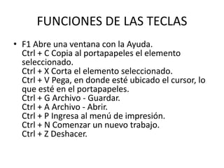 FUNCIONES DE LAS TECLAS
• F1 Abre una ventana con la Ayuda.
Ctrl + C Copia al portapapeles el elemento
seleccionado.
Ctrl + X Corta el elemento seleccionado.
Ctrl + V Pega, en donde esté ubicado el cursor, lo
que esté en el portapapeles.
Ctrl + G Archivo - Guardar.
Ctrl + A Archivo - Abrir.
Ctrl + P Ingresa al menú de impresión.
Ctrl + N Comenzar un nuevo trabajo.
Ctrl + Z Deshacer.