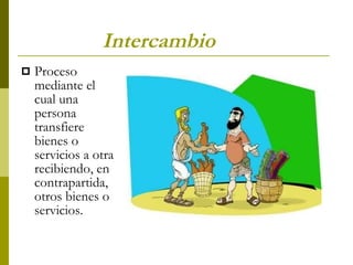 Intercambio  Proceso mediante el cual una persona transfiere bienes o servicios a otra recibiendo, en contrapartida, otros bienes o servicios.  