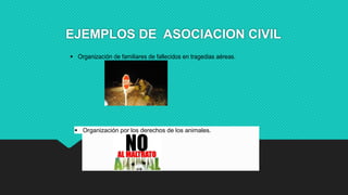EJEMPLOS DE ASOCIACION CIVIL
 Organización de familiares de fallecidos en tragedias aéreas.
 Organización por los derechos de los animales.
 