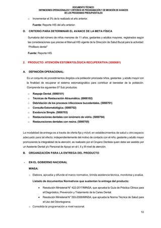 DOCUMENTOTÉCNICO:
DEFINICIONES OPERACIONALES Y CRITERIOS DE PROGRAMACIÓN Y DE MEDICIÓN DE AVANCES
DE LOS PROGRAMAS PRESUPUESTALES
10
o Incrementar el 3% de lo realizado el año anterior.
Fuente: Reporte HIS del año anterior.
D. CRITERIO PARA DETERMINAR EL AVANCE DE LA META FÍSICA
Sumatoria del número de niños menores de 11 años, gestantes y adultos mayores, registrados según
las consideraciones que precise el Manual HIS vigente de la Dirección de Salud Bucal para la actividad:
“Profilaxis dental”
Fuente: Reporte HIS.
2. PRODUCTO: ATENCIÓN ESTOMATOLÓGICA RECUPERATIVA (3000681)
A. DEFINICIÓN OPERACIONAL:
Es un conjunto de procedimientos dirigidos a la población priorizada niños, gestantes y adulto mayor con
la finalidad de recuperar el sistema estomatognático para contribuir al bienestar de la población.
Comprende los siguientes 07 Sub productos:
o Raspaje Dental. (0068101)
o Técnicas de Restauración Atraumática. (0068102)
o Debridación de los procesos infecciosos bucodentales. (5000701)
o Consulta Estomatológica. (5000702)
o Exodoncia Simple. (5000703)
o Restauraciones dentales con ionómero de vidrio. (5000704)
o Restauraciones dentales con resina. (5000705)
La modalidad de entrega es a través de oferta fija y móvil, en establecimientos de salud u otro espacio
adecuado para tal efecto; independientemente del motivo de contacto con el niño, gestante y adulto mayor
promoviendo la integralidad de la atención, es realizado por el Cirujano Dentista quien debe ser asistido por
un Asistente Dental y/o Personal de Apoyo en el I, II y III nivel de atención.
B. ORGANIZACIÓN PARA LA ENTREGA DEL PRODUCTO
- EN EL GOBIERNO NACIONAL
MINSA:
o Elabora, aprueba y difunde el marco normativo, brinda asistencia técnica, monitorea y evalúa.
Listado de documentos Normativos que sustentan la entrega del producto:
 Resolución Ministerial N° 422-2017/MINSA, que aprueba la Guía de Práctica Clínica para
el Diagnóstico, Prevención y Tratamiento de la Caries Dental.
 Resolución Ministerial N° 593-2006/MINSA, que aprueba la Norma Técnica de Salud para
el Uso del Odontograma.
o Consolida la programación a nivel nacional.
 