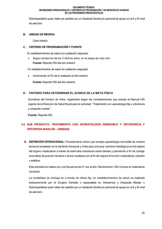 DOCUMENTOTÉCNICO:
DEFINICIONES OPERACIONALES Y CRITERIOS DE PROGRAMACIÓN Y DE MEDICIÓN DE AVANCES
DE LOS PROGRAMAS PRESUPUESTALES
25
Odontopediatría quien debe ser asistido por un Asistente Dental y/o personal de apoyo en el II y III nivel
de atención.
B. UNIDAD DE MEDIDA:
Caso tratado.
C. CRITERIO DE PROGRAMACIÓN Y FUENTE
En establecimientos de salud con población asignada:
 Según tendencia de los 3 últimos años, en la etapa de vida niño
Fuente: Reporte HIS del año anterior.
En establecimientos de salud sin población asignada:
 Incrementar el 3% de lo realizado el año anterior.
Fuente: Reporte HIS del año anterior.
D. CRITERIO PARA DETERMINAR EL AVANCE DE LA META FÍSICA
Sumatoria del número de niños, registrados según las consideraciones que precise el Manual HIS
vigente de la Dirección de Salud Bucal para la actividad: “Tratamiento con aparatología fija y ortodoncia
y ortopedia maxilar”
Fuente: Reporte HIS.
3.4. SUB PRODUCTO: TRATAMIENTO CON APARATOLOGÍA REMOVIBLE Y ORTODONCIA Y
ORTOPEDIA MAXILAR – (0068204)
A. DEFINICIÓN OPERACIONAL: Procedimiento clínico que emplea aparatología removible de manera
temporal empleado en la dentición temporal y mixta para provocar cambios histológicos en los tejidos
del órgano masticatorio a través de estímulos mecánicos sobre dientes y periodonto a fin de corregir
anomalías de posición dentaria o de los maxilares con el fin de mejorar la función masticatoria, oclusión
y estética.
Esta actividad se realiza con una frecuencia de 01 vez al año. Rendimiento= 240 minutos en tratamiento
concluido.
La modalidad de entrega es a través de oferta fija, en establecimientos de salud; es realizado
exclusivamente por el Cirujano Dentista o especialista en Ortodoncia y Ortopedia Maxilar u
Odontopediatría quien debe ser asistido por un Asistente Dental y/o personal de apoyo en el II y III nivel
de atención.
 