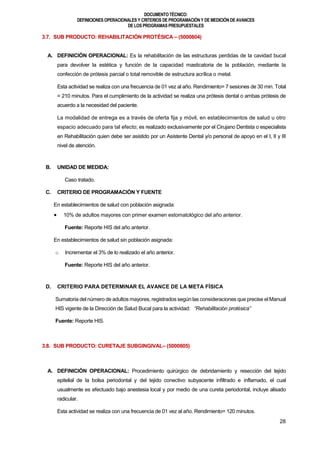 DOCUMENTOTÉCNICO:
DEFINICIONES OPERACIONALES Y CRITERIOS DE PROGRAMACIÓN Y DE MEDICIÓN DE AVANCES
DE LOS PROGRAMAS PRESUPUESTALES
28
3.7. SUB PRODUCTO: REHABILITACIÓN PROTÉSICA – (5000804)
A. DEFINICIÓN OPERACIONAL: Es la rehabilitación de las estructuras perdidas de la cavidad bucal
para devolver la estética y función de la capacidad masticatoria de la población, mediante la
confección de prótesis parcial o total removible de estructura acrílica o metal.
Esta actividad se realiza con una frecuencia de 01 vez al año. Rendimiento= 7 sesiones de 30 min. Total
= 210 minutos. Para el cumplimiento de la actividad se realiza una prótesis dental o ambas prótesis de
acuerdo a la necesidad del paciente.
La modalidad de entrega es a través de oferta fija y móvil, en establecimientos de salud u otro
espacio adecuado para tal efecto; es realizado exclusivamente por el Cirujano Dentista o especialista
en Rehabilitación quien debe ser asistido por un Asistente Dental y/o personal de apoyo en el I, II y III
nivel de atención.
B. UNIDAD DE MEDIDA:
Caso tratado.
C. CRITERIO DE PROGRAMACIÓN Y FUENTE
En establecimientos de salud con población asignada:
 10% de adultos mayores con primer examen estomatológico del año anterior.
Fuente: Reporte HIS del año anterior.
En establecimientos de salud sin población asignada:
o Incrementar el 3% de lo realizado el año anterior.
Fuente: Reporte HIS del año anterior.
D. CRITERIO PARA DETERMINAR EL AVANCE DE LA META FÍSICA
Sumatoria del número de adultos mayores, registrados según las consideraciones que precise el Manual
HIS vigente de la Dirección de Salud Bucal para la actividad: “Rehabilitación protésica”
Fuente: Reporte HIS.
3.8. SUB PRODUCTO: CURETAJE SUBGINGIVAL– (5000805)
A. DEFINICIÓN OPERACIONAL: Procedimiento quirúrgico de debridamiento y resección del tejido
epitelial de la bolsa periodontal y del tejido conectivo subyacente infiltrado e inflamado, el cual
usualmente es efectuado bajo anestesia local y por medio de una cureta periodontal, incluye alisado
radicular.
Esta actividad se realiza con una frecuencia de 01 vez al año. Rendimiento= 120 minutos.
 