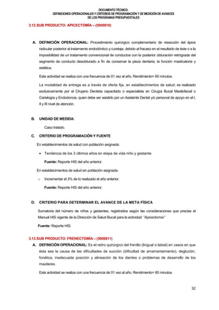 DOCUMENTOTÉCNICO:
DEFINICIONES OPERACIONALES Y CRITERIOS DE PROGRAMACIÓN Y DE MEDICIÓN DE AVANCES
DE LOS PROGRAMAS PRESUPUESTALES
32
3.12.SUB PRODUCTO: APICECTOMÍA – (5000810)
A. DEFINICIÓN OPERACIONAL: Procedimiento quirúrgico complementario de resección del ápice
radicular posterior al tratamiento endodóntico y curetaje, debido al fracaso en el resultado de éste o a la
imposibilidad de un tratamiento convencional de conductos con la posterior obturación retrógrada del
segmento de conducto desobturado a fin de conservar la pieza dentaria, la función masticatoria y
estética.
Esta actividad se realiza con una frecuencia de 01 vez al año. Rendimiento= 60 minutos.
La modalidad de entrega es a través de oferta fija, en establecimientos de salud; es realizado
exclusivamente por el Cirujano Dentista capacitado o especialista en Cirugía Bucal Maxilofacial o
Carielogía y Endodoncia, quien debe ser asistido por un Asistente Dental y/o personal de apoyo en el I,
II y III nivel de atención.
B. UNIDAD DE MEDIDA:
Caso tratado.
C. CRITERIO DE PROGRAMACIÓN Y FUENTE
En establecimientos de salud con población asignada:
 Tendencia de los 3 últimos años en etapa de vida niño y gestante.
Fuente: Reporte HIS del año anterior.
En establecimientos de salud sin población asignada:
o Incrementar el 3% de lo realizado el año anterior.
Fuente: Reporte HIS del año anterior.
D. CRITERIO PARA DETERMINAR EL AVANCE DE LA META FÍSICA
Sumatoria del número de niños y gestantes, registrados según las consideraciones que precise el
Manual HIS vigente de la Dirección de Salud Bucal para la actividad: “Apicectomía”
Fuente: Reporte HIS.
3.13.SUB PRODUCTO: FRENECTOMÍA – (5000811)
A. DEFINICIÓN OPERACIONAL: Es el retiro quirúrgico del frenillo (lingual o labial) en casos en que
ésta sea la causa de las dificultades de succión (dificultad de amamantamiento), deglución,
fonética, inadecuada posición y alineación de los dientes o problemas de desarrollo de los
maxilares.
Esta actividad se realiza con una frecuencia de 01 vez al año. Rendimiento= 60 minutos.
 