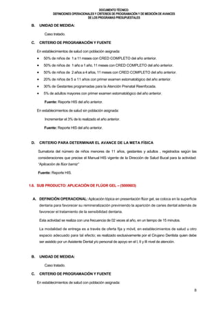 DOCUMENTOTÉCNICO:
DEFINICIONES OPERACIONALES Y CRITERIOS DE PROGRAMACIÓN Y DE MEDICIÓN DE AVANCES
DE LOS PROGRAMAS PRESUPUESTALES
8
B. UNIDAD DE MEDIDA:
Caso tratado.
C. CRITERIO DE PROGRAMACIÓN Y FUENTE
En establecimientos de salud con población asignada:
 50% de niños de 1 a 11 meses con CRED COMPLETO del año anterior.
 50% de niños de 1 año a 1 año, 11 meses con CRED COMPLETO del año anterior.
 50% de niños de 2 años a 4 años, 11 meses con CRED COMPLETO del año anterior.
 20% de niños de 5 a 11 años con primer examen estomatológico del año anterior.
 30% de Gestantes programadas para la Atención Prenatal Reenfocada.
 5% de adultos mayores con primer examen estomatológico del año anterior.
Fuente: Reporte HIS del año anterior.
En establecimientos de salud sin población asignada:
Incrementar el 3% de lo realizado el año anterior.
Fuente: Reporte HIS del año anterior.
D. CRITERIO PARA DETERMINAR EL AVANCE DE LA META FÍSICA
Sumatoria del número de niños menores de 11 años, gestantes y adultos , registrados según las
consideraciones que precise el Manual HIS vigente de la Dirección de Salud Bucal para la actividad:
“Aplicación de flúor barniz”
Fuente: Reporte HIS.
1.6. SUB PRODUCTO: APLICACIÓN DE FLÚOR GEL – (5000603)
A. DEFINICIÓN OPERACIONAL: Aplicación tópica en presentación flúor gel, se coloca en la superficie
dentaria para favorecer su remineralización previniendo la aparición de caries dental además de
favorecer el tratamiento de la sensibilidad dentaria.
Esta actividad se realiza con una frecuencia de 02 veces al año, en un tiempo de 15 minutos.
La modalidad de entrega es a través de oferta fija y móvil, en establecimientos de salud u otro
espacio adecuado para tal efecto; es realizado exclusivamente por el Cirujano Dentista quien debe
ser asistido por un Asistente Dental y/o personal de apoyo en el I, II y III nivel de atención.
B. UNIDAD DE MEDIDA:
Caso tratado.
C. CRITERIO DE PROGRAMACIÓN Y FUENTE
En establecimientos de salud con población asignada:
 