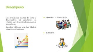 Desempeño
Son definiciones exactas de cómo se
desenvuelven los estudiantes en
relación a un determinado estándar de
aprendizaje.
Son observables en una diversidad de
situaciones o contextos
 Orientan a la planificación
 Evaluación
 