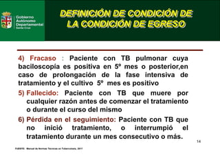14
DEFINICIÓN DE CONDICIÓN DE
LA CONDICIÓN DE EGRESO
FUENTE: Manual de Normas Técnicas en Tuberculosis, 2017
4) Fracaso : Paciente con TB pulmonar cuya
baciloscopía es positiva en 5º mes o posterior,en
caso de prolongación de la fase intensiva de
tratamiento y el cultivo 5º mes es positivo
5) Fallecido: Paciente con TB que muere por
cualquier razón antes de comenzar el tratamiento
o durante el curso del mismo
6) Pérdida en el seguimiento: Paciente con TB que
no inició tratamiento, o interrumpió el
tratamiento durante un mes consecutivo o más.
 