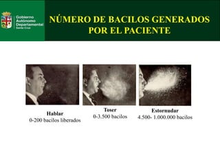 Toser
0-3.500 bacilos
Estornudar
4.500- 1.000.000 bacilos
Hablar
0-200 bacilos liberados
NÚMERO DE BACILOS GENERADOS
POR EL PACIENTE
 