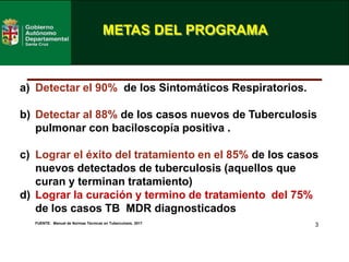 3
METAS DEL PROGRAMA
FUENTE: Manual de Normas Técnicas en Tuberculosis, 2017
a) Detectar el 90% de los Sintomáticos Respiratorios.
b) Detectar al 88% de los casos nuevos de Tuberculosis
pulmonar con baciloscopía positiva .
c) Lograr el éxito del tratamiento en el 85% de los casos
nuevos detectados de tuberculosis (aquellos que
curan y terminan tratamiento)
d) Lograr la curación y termino de tratamiento del 75%
de los casos TB MDR diagnosticados
 