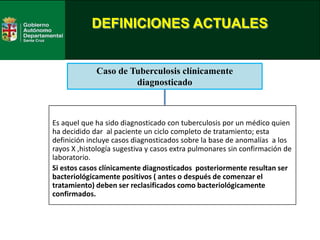 DEFINICIONES ACTUALES
Es aquel que ha sido diagnosticado con tuberculosis por un médico quien
ha decidido dar al paciente un ciclo completo de tratamiento; esta
definición incluye casos diagnosticados sobre la base de anomalías a los
rayos X ,histología sugestiva y casos extra pulmonares sin confirmación de
laboratorio.
Si estos casos clínicamente diagnosticados posteriormente resultan ser
bacteriológicamente positivos ( antes o después de comenzar el
tratamiento) deben ser reclasificados como bacteriológicamente
confirmados.
Caso de Tuberculosis clínicamente
diagnosticado
 