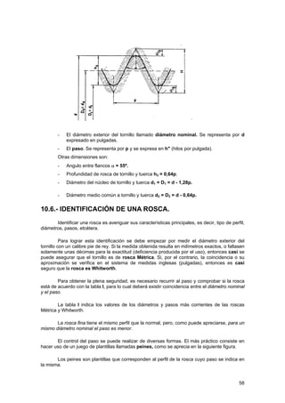 -   El diámetro exterior del tornillo llamado diámetro nominal. Se representa por d
            expresado en pulgadas.
        -   El paso. Se representa por p y se expresa en h" (hilos por pulgada).
        Otras dimensiones son:
        -   Angulo entre flancos α = 55º.
        -   Profundidad de rosca de tornillo y tuerca h3 = 0,64p.
        -   Diámetro del núcleo de tornillo y tuerca d1 = D1 = d - 1,28p.

        -   Diámetro medio común a tornillo y tuerca d2 = D2 = d - 0,64p.


10.6.- IDENTIFICACIÓN DE UNA ROSCA.
       Identificar una rosca es averiguar sus características principales, es decir, tipo de perfil,
diámetros, pasos, etcétera.

          Para lograr esta identificación se debe empezar por medir el diámetro exterior del
tornillo con un calibre pie de rey. Si la medida obtenida resulta en milímetros exactos, o faltasen
solamente unas décimas para la exactitud (deficiencia producida por el uso), entonces casi se
puede asegurar que el tornillo es de rosca Métrica. Si, por el contrario, la coincidencia o su
aproximación se verifica en el sistema de medidas inglesas (pulgadas), entonces es casi
seguro que la rosca es Whitworth.

        Para obtener la plena seguridad, es necesario recurrir al paso y comprobar si la rosca
está de acuerdo con la tabla I, para lo cual deberá existir coincidencia entre el diámetro nominal
y el paso.

        La tabla I indica los valores de los diámetros y pasos más corrientes de las roscas
Métrica y Whitworth.

       La rosca fina tiene el mismo perfil que la normal, pero, como puede apreciarse, para un
mismo diámetro nominal el paso es menor.

       El control del paso se puede realizar de diversas formas. El más práctico consiste en
hacer uso de un juego de plantillas llamadas peines, como se aprecia en la siguiente figura.

       Los peines son plantillas que corresponden al perfil de la rosca cuyo paso se indica en
la misma.


                                                                                                 58
 