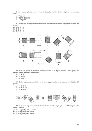 8.    La rosca empleada en el accionamiento de los husillos de las máquinas herramientas
es la:
    a)    Trapecial
    b)    Diente de sierra
    c)    Triangular

    9. De los diez tornillos representados en la figura siguiente, tienen rosca a derecha los del
grupo:
a) 1 - 4 - 5 - 8
b) 2 - 3 - 6 - 9
c) 2 - 4 - 6 - 8




    10. Dado un grupo de tornillos correspondientes a la figura anterior. ¿Qué grupo de
tornillos tienen la rosca a izquierdas?
    a) 1 - 4 - 6
    b) 4 - 8 - 10
    c) 3 - 6 - 9

    11.   De las tuercas representadas en la figura siguiente, tienen la rosca a derechas las del
grupo:
    a)    1-5-8-9
    b)    2 - 3 - 7 - 10
    c)    2-4-6-9




    12. En la figura siguiente, se trata de apretar los tornillos a y b. ¿Qué sentido de giro debe
darse a la llave?
a) El a, según 1 y el b, según 2
b) El a, según 2 y el b, según 1
c) El a, según 1 y el b, según 1




                                                                                               61
 
