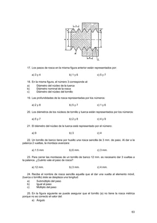17. Los pasos de rosca en la misma figura anterior están representados por:

       a) 3 y 4                        b) 1 y 6                c) 5 y 7

   18. En la misma figura, el número 3 corresponde al:
   a)      Diámetro del núcleo de la tuerca
   b)      Diámetro nominal de la rosca
   c)      Diámetro del núcleo del tornillo

   19. Las profundidades de la rosca representadas por los números:

       a) 2 y 8                        b) 5 y 7                c) 1 y 6

   20. Los diámetros de los núcleos de tornillo y tuerca están representados por los números:

       a) 5 y 7                        b) 2 y 8                c) 4 y 9

   21. El diámetro del núcleo de la tuerca está representado por el número:

       a) 9                            b) 3                    c) 4

    22. Un tornillo de banco tiene por husillo una rosca sencilla de 3 mm. de paso. Al dar a la
palanca 2 vueltas, la mordaza avanzara:

       a) 1.5 mm                       b) 6 mm.                c) 3 mm.

    23. Para cerrar las mordazas de un tornillo de banco 12 mm. es necesario dar 3 vueltas a
la palanca. ¿Cuánto vale el paso de rosca?

       a) 12 mm.                       b) 3 mm.                c) 4 mm.

    24. Recibe el nombre de rosca sencilla aquella que al dar una vuelta al elemento móvil,
(tuerca o tornillo) éste se desplaza una longitud:
    a)       Submúltiplo del paso
    b)       Igual al paso
    c)       Múltiplo del paso

    25. En la figura siguiente se puede asegurar que el tornillo (a) no tiene la rosca métrica
porque no es correcto el valor del:
        a) Ángulo



                                                                                            63
 