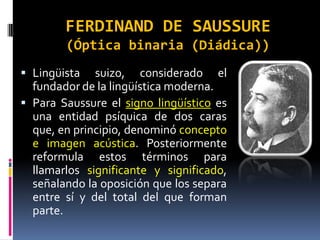 FERDINAND DE SAUSSURE
        (Óptica binaria (Diádica))
 Lingüista   suizo, considerado el
  fundador de la lingüística moderna.
 Para Saussure el signo lingüístico es
  una entidad psíquica de dos caras
  que, en principio, denominó concepto
  e imagen acústica. Posteriormente
  reformula estos términos para
  llamarlos significante y significado,
  señalando la oposición que los separa
  entre sí y del total del que forman
  parte.
 