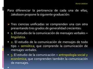 Roman Jakobson



Para diferenciar la pertinencia de cada una de ellas,
  Jakobson propone la siguiente graduación:

 Tres ciencias unificadas se comprenden una con otra
  presentando tres grados de generalidad crecientes:
 1. El estudio de la comunicación de mensajes verbales =
  lingüística.
 2. El estudio de la comunicación de mensajes de todo
  tipo = semiótica; que comprende la comunicación de
  mensajes verbales.
 3. El estudio de la comunicación = antropología social y
    económica; que comprenden también la comunicación
    de mensajes.

 