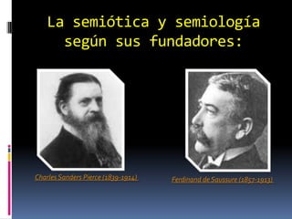 La semiótica y semiología
     según sus fundadores:




Charles Sanders Pierce (1839-1914)   Ferdinand de Saussure (1857-1913)
 