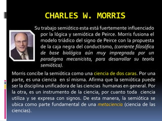 CHARLES W. MORRIS
          Su trabajo semiótico esta está fuertemente influenciado
            por la lógica y semiótica de Peirce. Morris fusiona el
            modelo triádico del signo de Peirce con la propuesta
            de la caja negra del conductismo, (corriente filosófica
            de base biológica aún muy impregnada por un
            paradigma mecanicista, para desarrollar su teoría
            semiótica).
Morris concibe la semiótica como una ciencia de dos caras. Por una
parte, es una ciencia en sí misma. Afirma que la semiótica puede
ser la disciplina unificadora de las ciencias humanas en general. Por
la otra, es un instrumento de la ciencia, por cuanto toda ciencia
utiliza y se expresa con signos. De esta manera, la semiótica se
ubica como parte fundamental de una metaciencia (ciencia de las
ciencias).
 