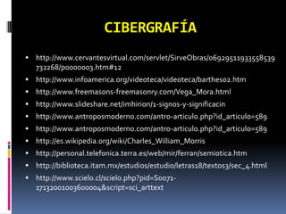 CIBERGRAFÍA
 http://www.cervantesvirtual.com/servlet/SirveObras/06929511933558539
   732268/p0000003.htm#12
 http://www.infoamerica.org/videoteca/videoteca/barthes02.htm
 http://www.freemasons-freemasonry.com/Vega_Mora.html
 http://www.slideshare.net/imhirion/1-signos-y-significacin
 http://www.antroposmoderno.com/antro-articulo.php?id_articulo=589
 http://www.antroposmoderno.com/antro-articulo.php?id_articulo=589
 http://es.wikipedia.org/wiki/Charles_William_Morris
 http://personal.telefonica.terra.es/web/mir/ferran/semiotica.htm
 http://biblioteca.itam.mx/estudios/estudio/letras18/textos3/sec_4.html
 http://www.scielo.cl/scielo.php?pid=S0071-
   17132001003600004&script=sci_arttext
 