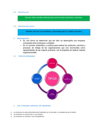 4.4 Marketing viral
4.5 Marketing educacional
5 BENCHMARKING
 Es una forma de determinar que tan bien se desempeña una empresa,
comparado otras empresas o unidades.
 Es un proceso sistemático y continuo para evaluar los productos, servicios y
procesos de trabajo de las organizaciones que son reconocidas como
representantes de las mejores prácticas, con el propósito de realizar mejores
organizacionales.
5.1 TIPOS DE BECHMARKIN
6 LOS 10 PECADOS CAPITALES DEL MARKETING
 La empresa no está suficientemente focalizada en el mercado y orientada hacia el cliente.
 La empresa no conoce bien a sus clientes.
 La empresa no controla a sus competidores.
TIPOS
B.INTERNO
B.
COMPETITIVO
B.DE
INDUSTRIA
B. MEJOR DE
SU CLASE
Uso de redes sociales (internet) para promocionar productos y servicios.
Brindan servicios de enseñanza, aprendizaje para la calidad educativa.
 