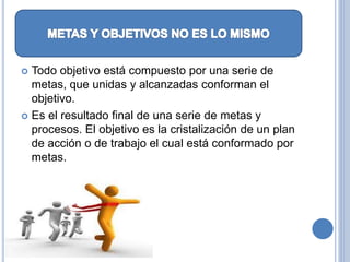  Todo objetivo está compuesto por una serie de
metas, que unidas y alcanzadas conforman el
objetivo.
 Es el resultado final de una serie de metas y
procesos. El objetivo es la cristalización de un plan
de acción o de trabajo el cual está conformado por
metas.
 