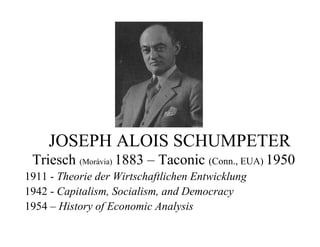 JOSEPH ALOIS SCHUMPETER
Triesch (Morávia) 1883 – Taconic (Conn., EUA) 1950
1911 - Theorie der Wirtschaftlichen Entwicklung
1942 - Capitalism, Socialism, and Democracy
1954 – History of Economic Analysis
 