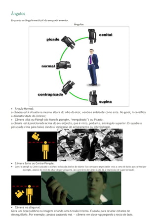 Ângulos
Enquanto ao ângulo vertical do enquadramento:
Ângulos
 Ângulo Normal:
a câmera está situada na mesma altura do olho do ator, vendo o ambiente como este. No geral, intensifica
a dramaticidade do roteiro;
 Câmera Alta ou Plongê (do francês plongée, “mergulhado”) ou Picado:
a câmara está posicionada acima do seu objecto, que é visto, portanto, em ângulo superior. Enquadra a
pessoa de cima para baixo dando a impressão de achatamento ou inferioridade.
 Câmera Baixa ou Contre-Plongée:
 Contra-plongê ou Contra-picado: a câmara colocada abaixo do objeto faz com que o espectador veja a cena de baixo para cima (por
exemplo, abaixo do nível do olhar do personagem). Ao contrário da câmera alta dá a impressão de superioridade.
 Câmera na diagonal:
Gera um desequilíbrio na imagem criando uma tensão interna. É usada para revelar estados de
desequilíbrio. Por exemplo: pessoa passando mal — câmera em close-up pegando o rosto de lado.
 