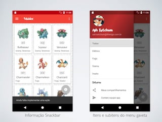 Informação Snackbar Itens e subitens do menu gaveta
 