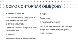 COMO CONTORNAR OBJEÇÕES
1. EXPRESSE EMPATIA
“Eu te entendo, por isso minha função é
fazer sua vida ficar mais fácil.”
2. ISOLE E ESCLAREÇA
Depois que entender a objeção real, isole e
fale somente dela
3. MINIMIZE
Mostre que existe uma solução para isso.
4. PEÇA
Peça a venda.
5. FIQUE QUIETO E OUÇA
Depois que você pediu a venda fique quieto
e ouça, caso uma nova objeção apareça,
repita o processo.
 