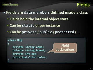 Fields
 Fields are data members defined inside a class

   Fields hold the internal object state
   Can be static or per instance
   Can be private / public / protected / …

  class Dog
  {
     private string name;          Field
     private string breed;      declarations
     private int age;
     protected Color color;
  }

                                                        10
 