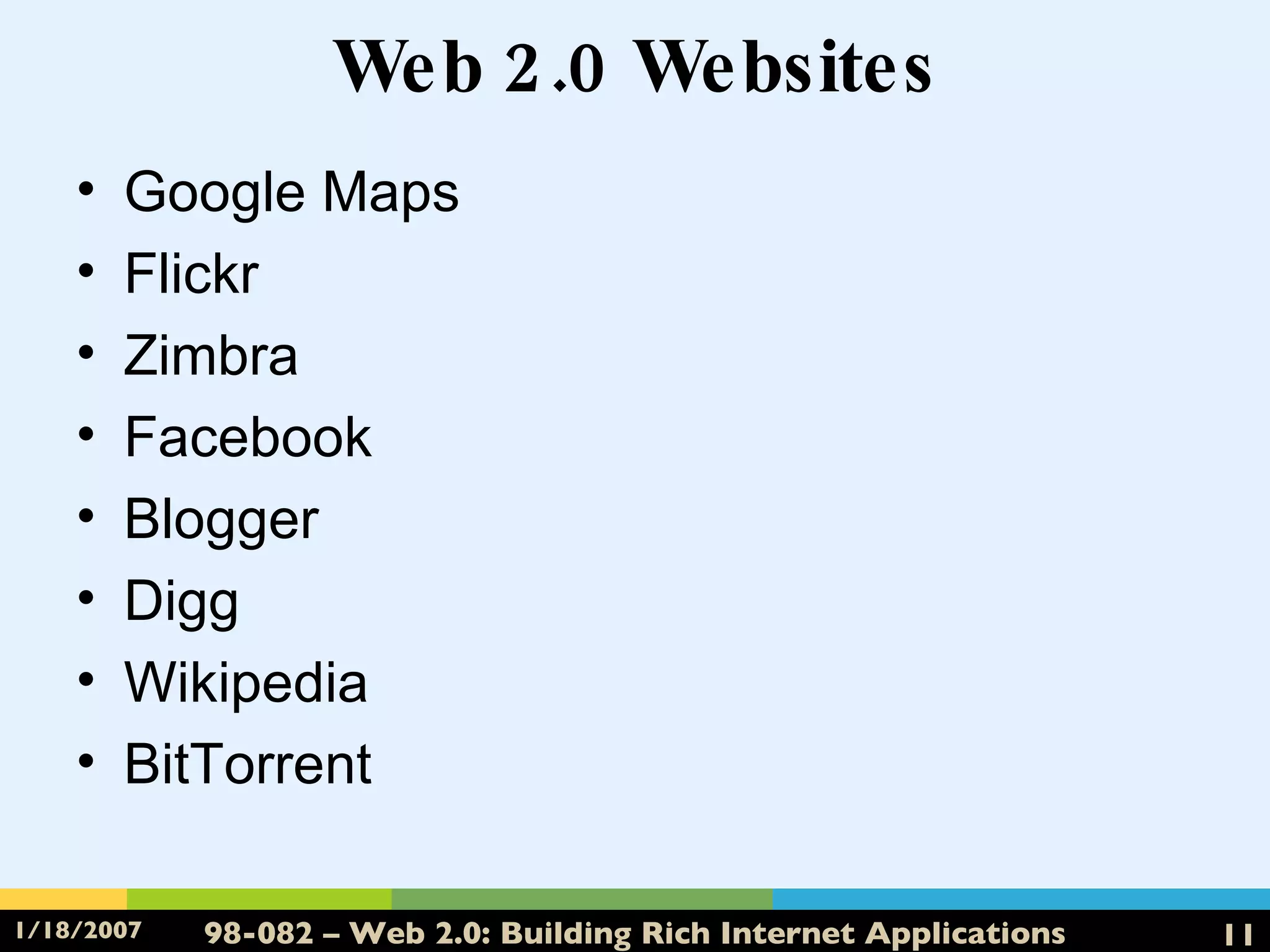 Web 2.0 Websites Google Maps Flickr Zimbra Facebook Blogger Digg Wikipedia BitTorrent 