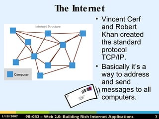 The Internet Vincent Cerf and Robert Khan created the standard protocol TCP/IP. Basically it’s a way to address and send messages to all computers. 