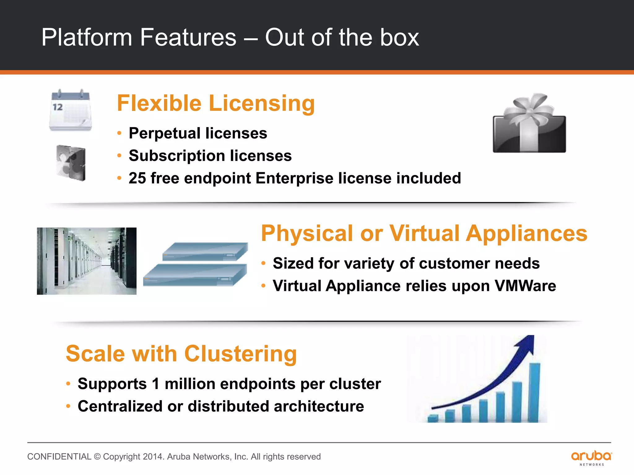 CONFIDENTIAL © Copyright 2014. Aruba Networks, Inc. All rights reserved
Platform Features – Out of the box
Scale with Clustering
• Supports 1 million endpoints per cluster
• Centralized or distributed architecture
Flexible Licensing
• Perpetual licenses
• Subscription licenses
• 25 free endpoint Enterprise license included
Physical or Virtual Appliances
• Sized for variety of customer needs
• Virtual Appliance relies upon VMWare
 