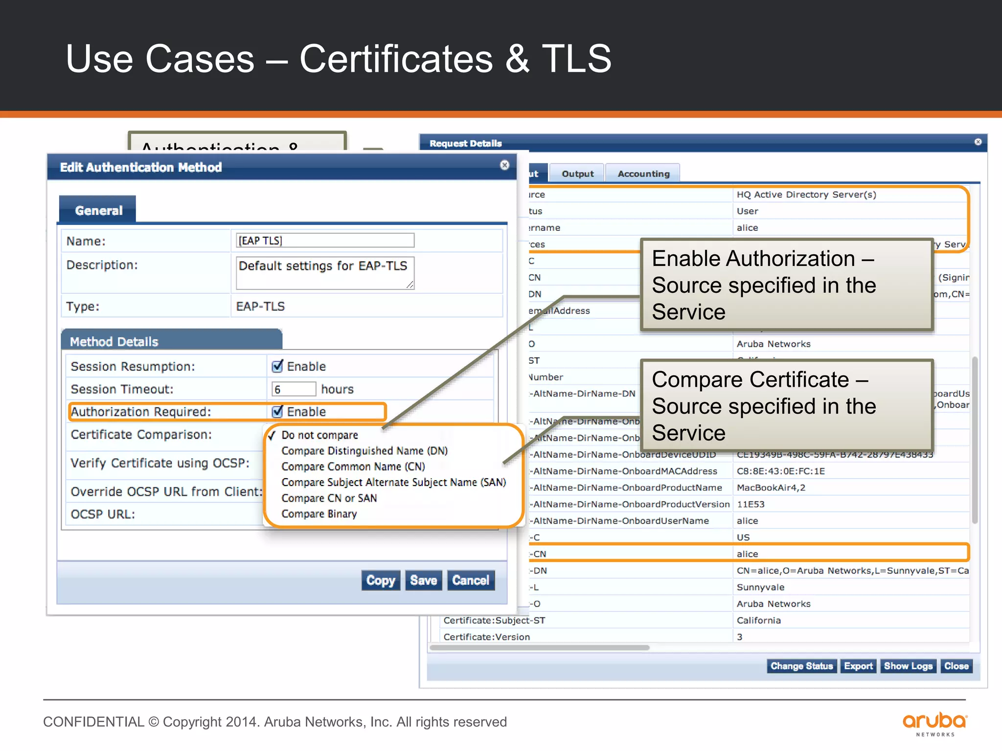 CONFIDENTIAL © Copyright 2014. Aruba Networks, Inc. All rights reserved
Authentication &
Authorization
Sources for TLS
Certificate Details
used for
Authorization
Enable Authorization –
Source specified in the
Service
Compare Certificate –
Source specified in the
Service
Use Cases – Certificates & TLS
 