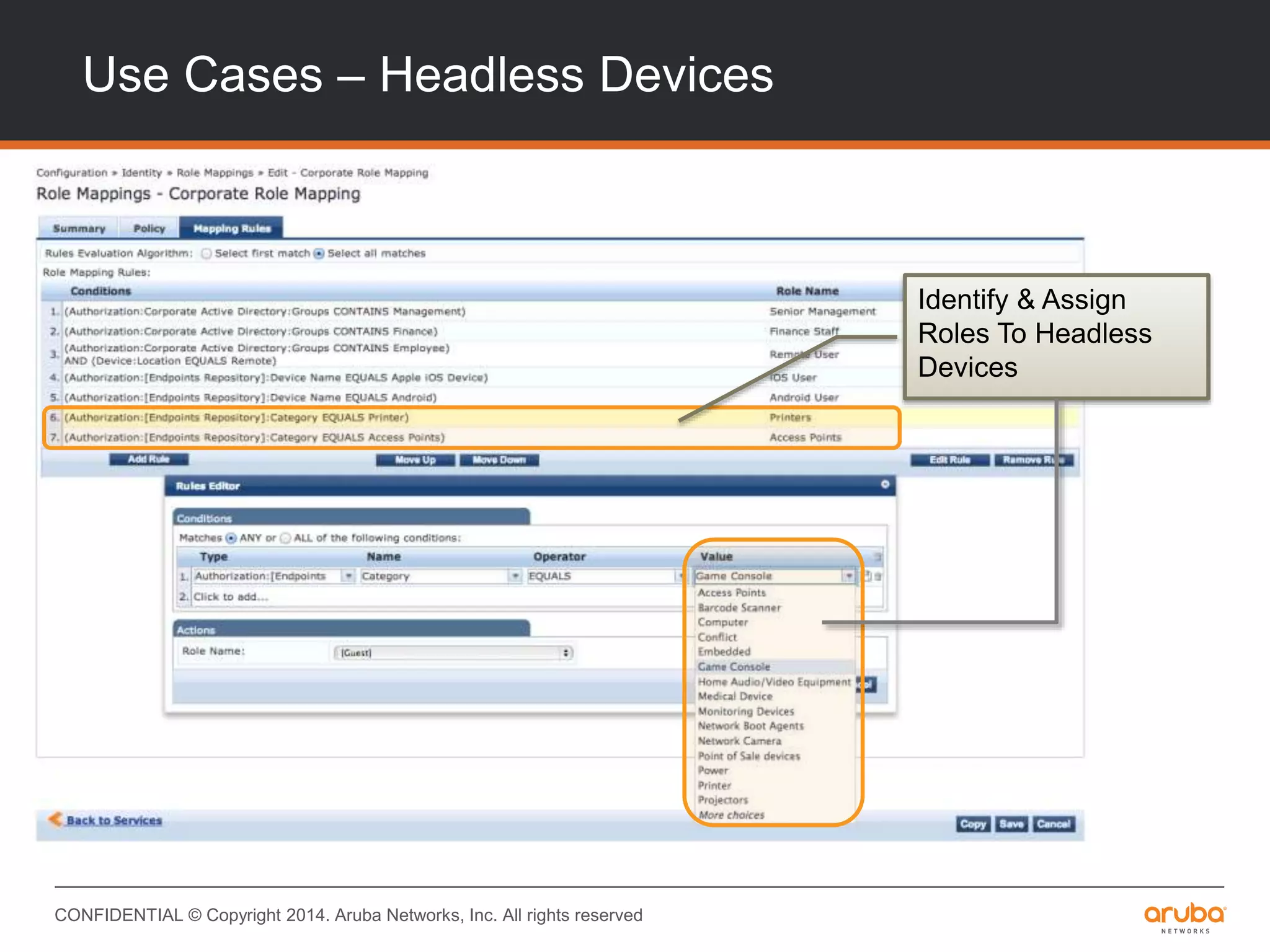 CONFIDENTIAL © Copyright 2014. Aruba Networks, Inc. All rights reserved
Use Cases – Headless Devices
Identify & Assign
Roles To Headless
Devices
 