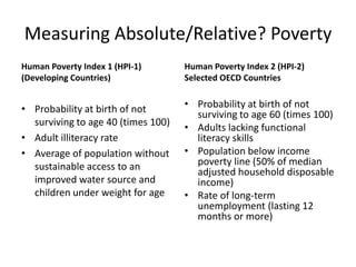 Measuring Absolute/Relative? Poverty
Human Poverty Index 1 (HPI-1)       Human Poverty Index 2 (HPI-2)
(Developing Countries)              Selected OECD Countries


• Probability at birth of not       • Probability at birth of not
                                      surviving to age 60 (times 100)
  surviving to age 40 (times 100)
                                    • Adults lacking functional
• Adult illiteracy rate               literacy skills
• Average of population without     • Population below income
  sustainable access to an            poverty line (50% of median
                                      adjusted household disposable
  improved water source and           income)
  children under weight for age     • Rate of long-term
                                      unemployment (lasting 12
                                      months or more)
 