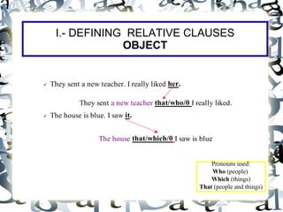 I.- DEFINING RELATIVE CLAUSES
                 OBJECT


 They sent a new teacher. I really liked her.




           They sent a new teacher that/who/0 I really liked.
 The house is blue. I saw it.





                 The house that/which/0 I saw is blue


                                                      Pronouns used:
                                                      Who (people)
                                                      Which (things)
                                                  That (people and things)
 