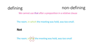 defining non-defining
The room, in which the meeting was held, was too small.
Not
The room, in that the meeting was held, was too small
We cannot use that after a preposition in a relative clause
 