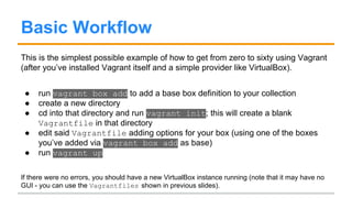 Basic Workflow
This is the simplest possible example of how to get from zero to sixty using Vagrant
(after you’ve installed Vagrant itself and a simple provider like VirtualBox).
● run vagrant box add to add a base box definition to your collection
● create a new directory
● cd into that directory and run vagrant init; this will create a blank
Vagrantfile in that directory
● edit said Vagrantfile adding options for your box (using one of the boxes
you’ve added via vagrant box add as base)
● run vagrant up
If there were no errors, you should have a new VirtualBox instance running (note that it may have no
GUI - you can use the Vagrantfiles shown in previous slides).
 