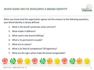 BRAND AMPLITUDE, LLCAUGUST 2015
SEVEN SIGNS YOU’VE DEVELOPED A BRAND IDENTITY
When you know (and the organization agrees on) the answers to the following questions,
your Brand Identity is clearly defined:
1. What is the brand’s particular vision and aim?
2. What makes it different?
3. What need is the brand fulfilling?
4. What is its permanent crusade?
5. What are its values?
6. What is its field of competence? Of legitimacy?
7. What are the signs which make the brand recognizable?
8
 