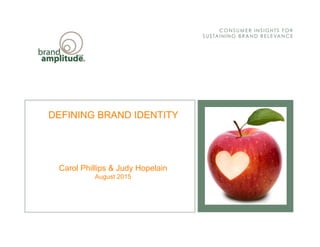 BRAND AMPLITUDE, LLCAUGUST 2015
CONSUMER I NSI GHTS FOR
SUSTAI NI NG BRAND RELEVANCE
DEFINING BRAND IDENTITY
Carol Phillips & Judy Hopelain
August 2015
Copyright © 2015 Brand Amplitude LLC
All Rights Reserved – May Not Be Reproduced Without Permission
 