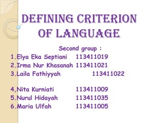 DEFINING CRITERION
     OF LANGUAGE
                 Second group :
1.Elya Eka Septiani 113411019
2.Irma Nur Khasanah 113411021
3.Laila Fathiyyah          113411022

4,Nita Kurniati     113411009
5.Nurul Hidayah     113411035
6.Maria Ulfah       113411005
 